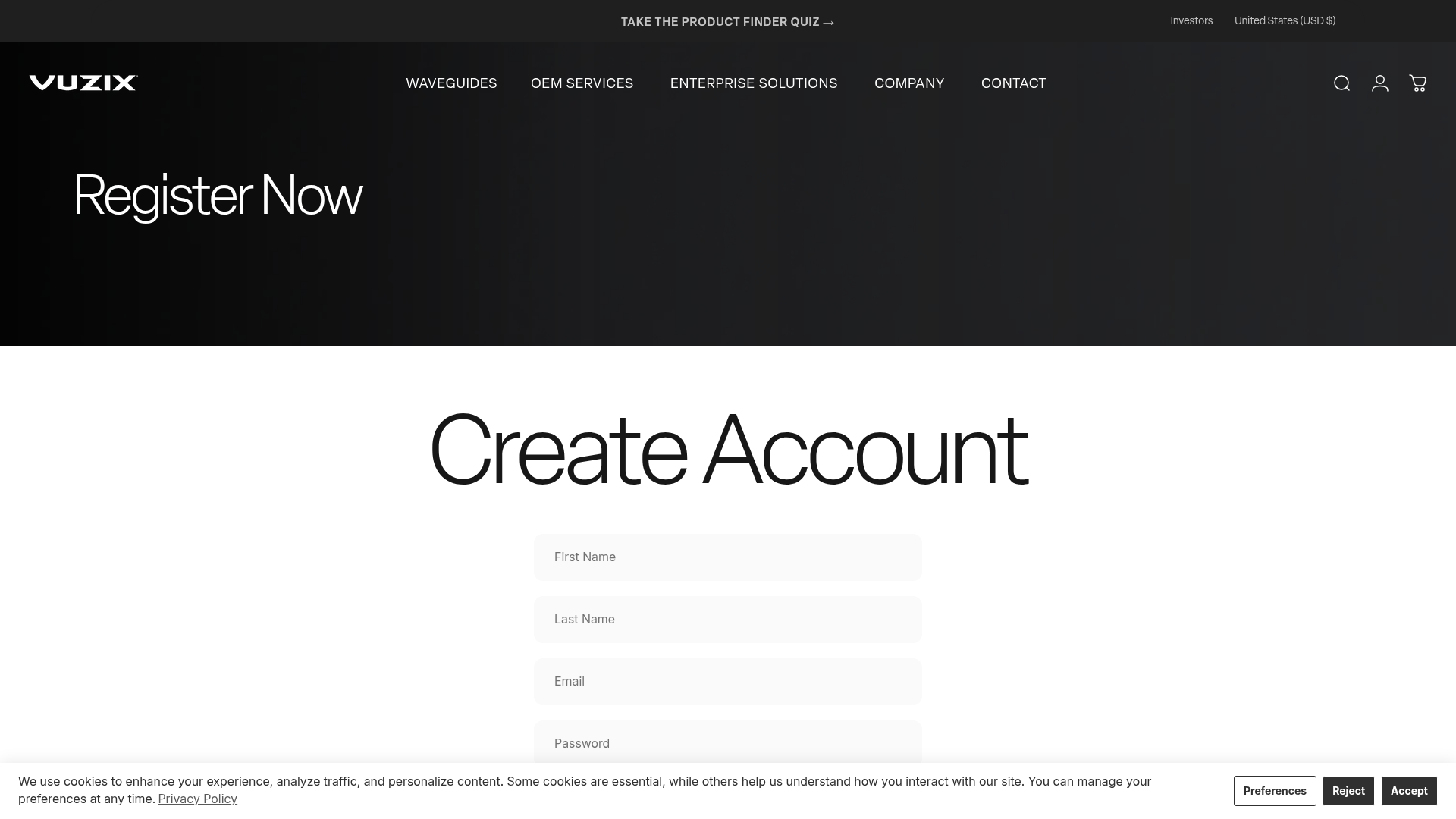 vuzix signup screenshot